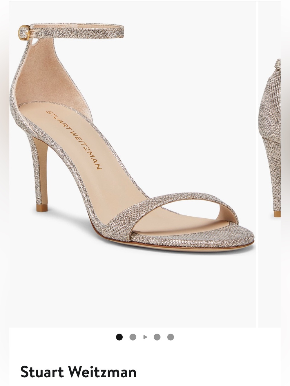 Stuart Weitzman Nudist II 75 Champagne Glitter Ankle-Strap Heels